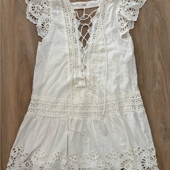 Free People Ivory Eyelet Lace-Up Mini Dress in size small - Picture 1 of 11